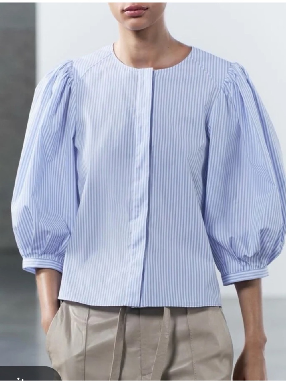 Zara Cotton Poplin Striped Puff-Sleeve Blouse in Light Blue White Large